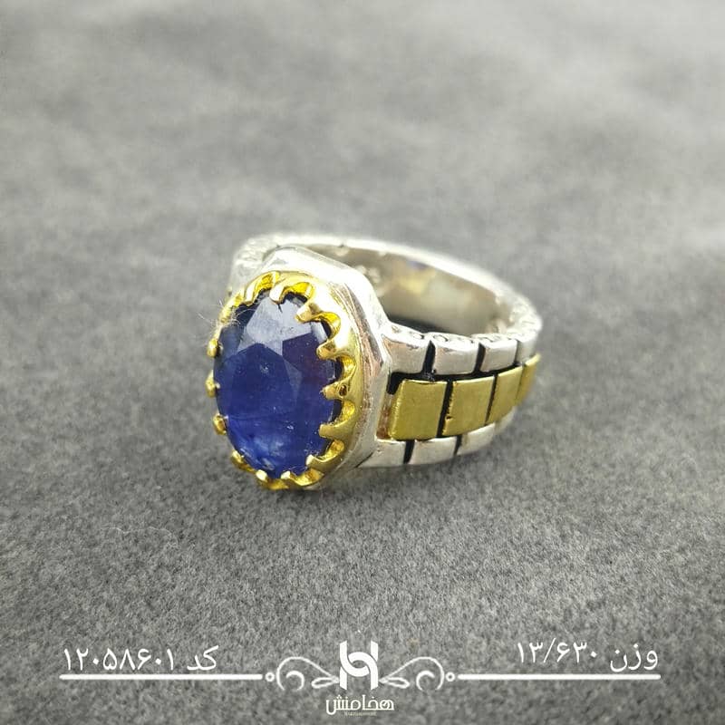 انگشتر نقره مردانه دورنگ یاقوت کبود کد 12058601
