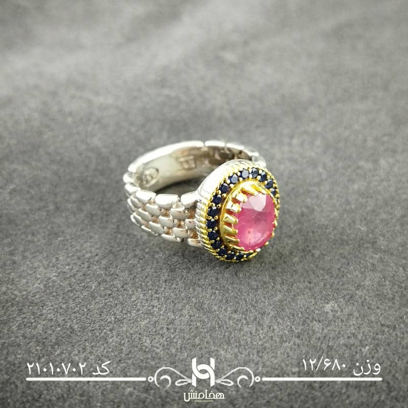 انگشتر نقره مردانه دورنگ یاقوت  سرخ کد 21010702